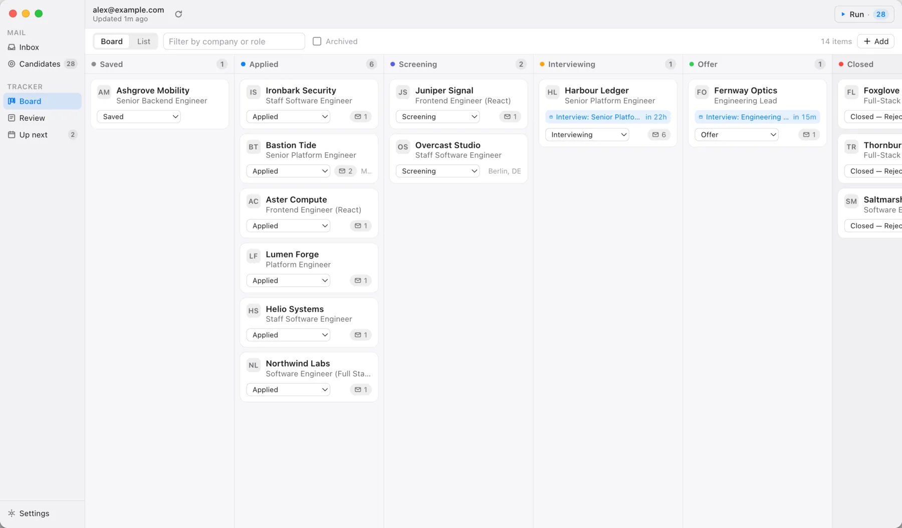 The Jobbox board: fourteen applications across six columns — Saved, Applied, Screening, Interviewing, Offer and Closed — each card showing the company, the role, its status and how many emails are linked to it.