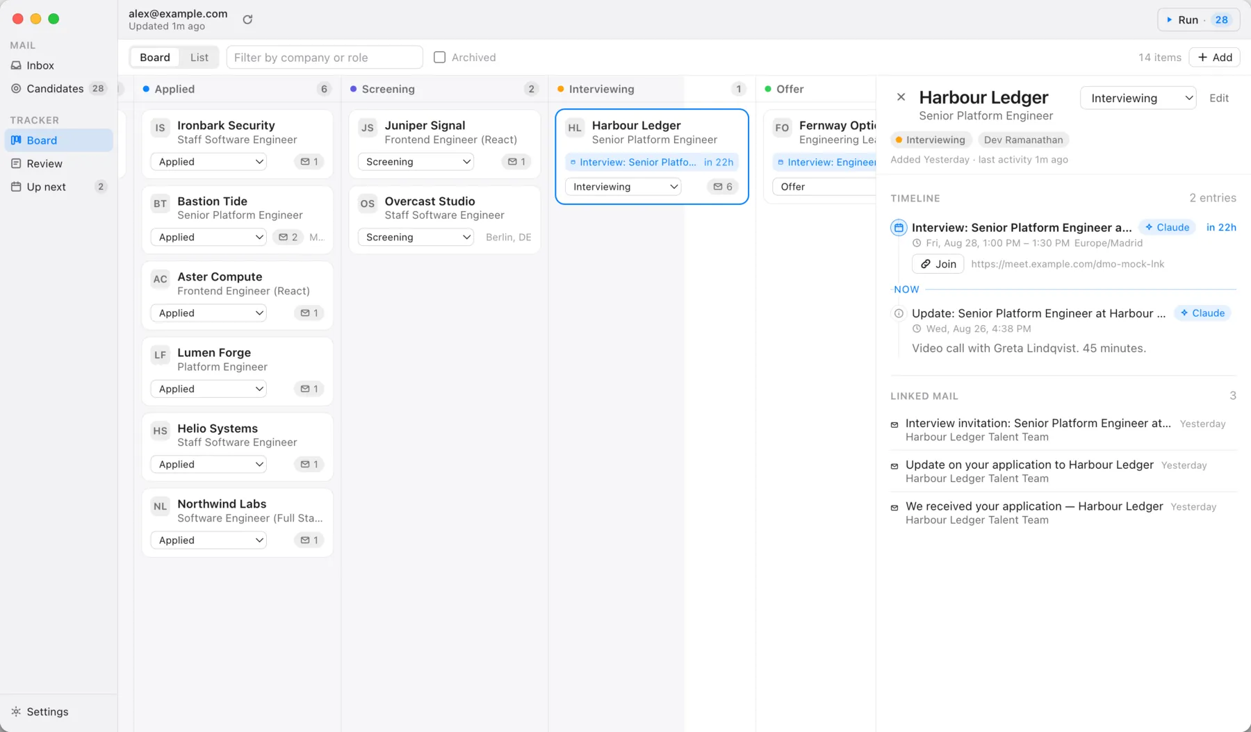 An application open beside the board. The detail pane shows Quillstone, Founding Engineer, Remote, currently Interviewing, with a timeline holding the scheduled interview and its meeting link, a note about when the process resumes, and the three emails linked to this application.