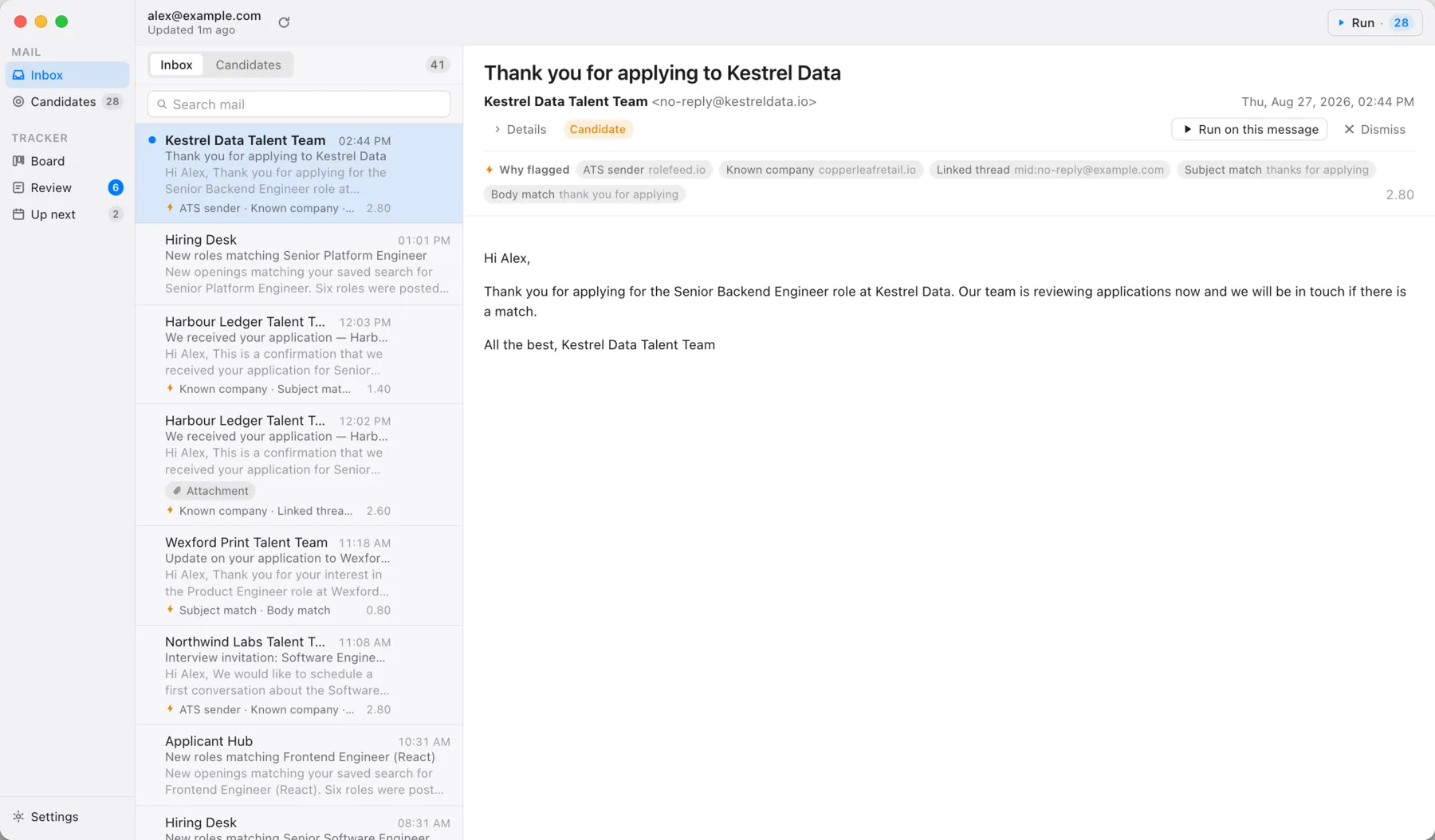 A message open in Jobbox. It is tagged Candidate, and a row of chips under the header says why it was flagged: ATS sender, known company, linked thread, subject match on “thanks for applying”, body match on the same phrase — with the prefilter score beside them.